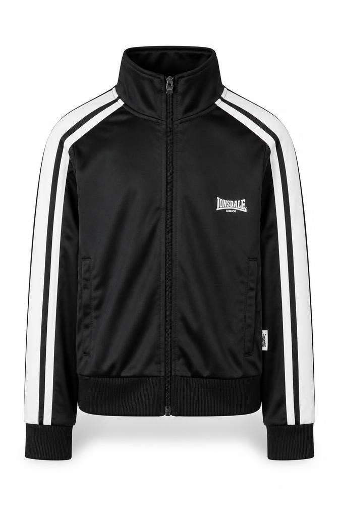 Front view of Lonsdale boys’ black track jacket, size 7-8, years collared