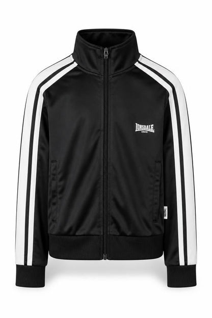 Front view of Lonsdale boys’ black track jacket, size 7-8, years collared