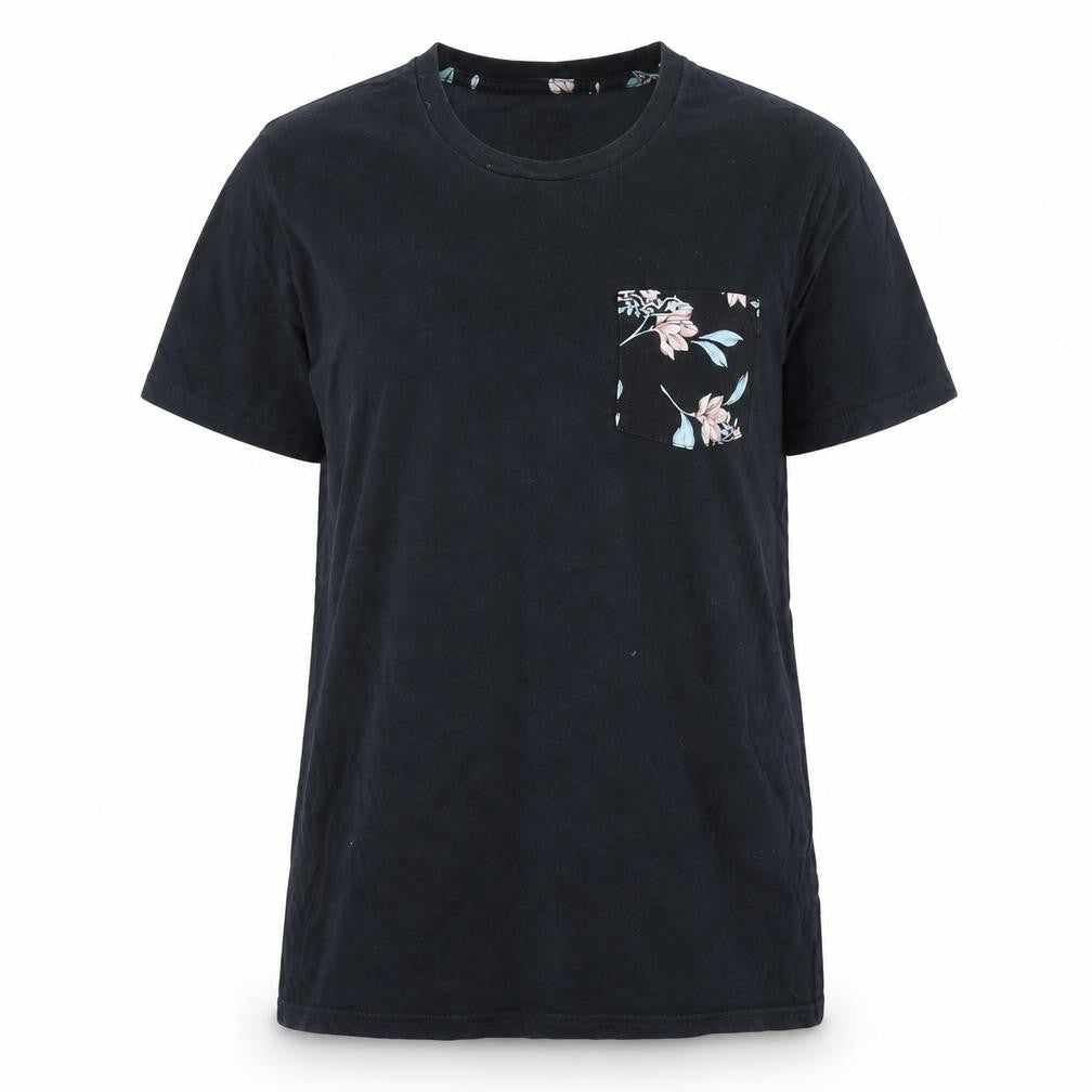 Front view of Relevant unisex black floral pocket t-shirt l