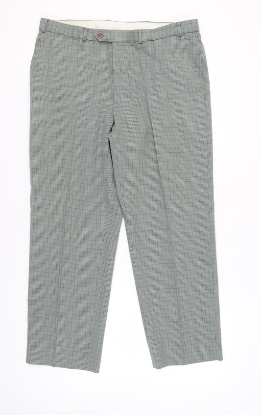 Marks and Spencer Green Check Pleated Trousers 38 Waist