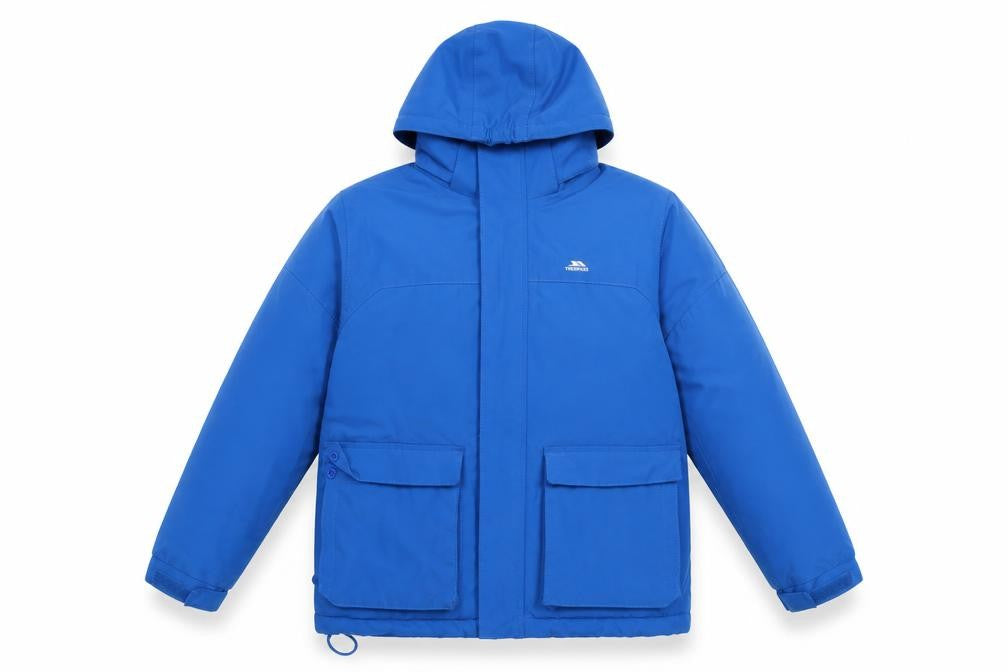 Front view of Trespass boys’' blue parka 12y winter waterproof jacket
