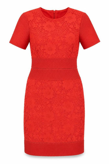Front view of Miss Selfridge Red Bodycon Dress, UK 12, Party Floral Lace