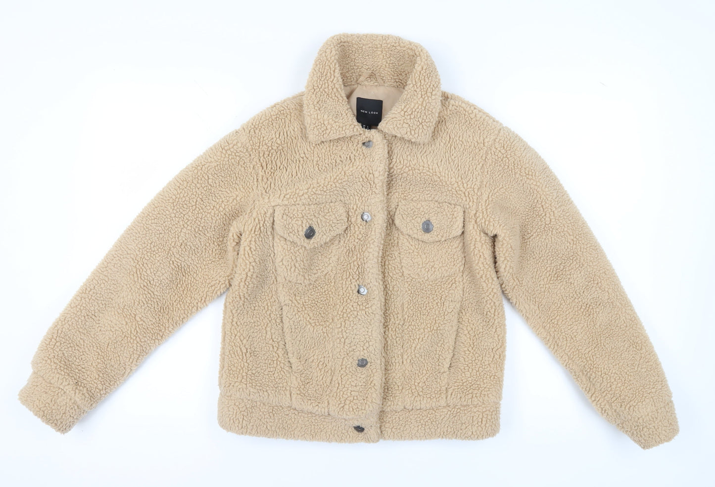 New Look Women's Beige Fleece Jacket, Size 6, Collared Style