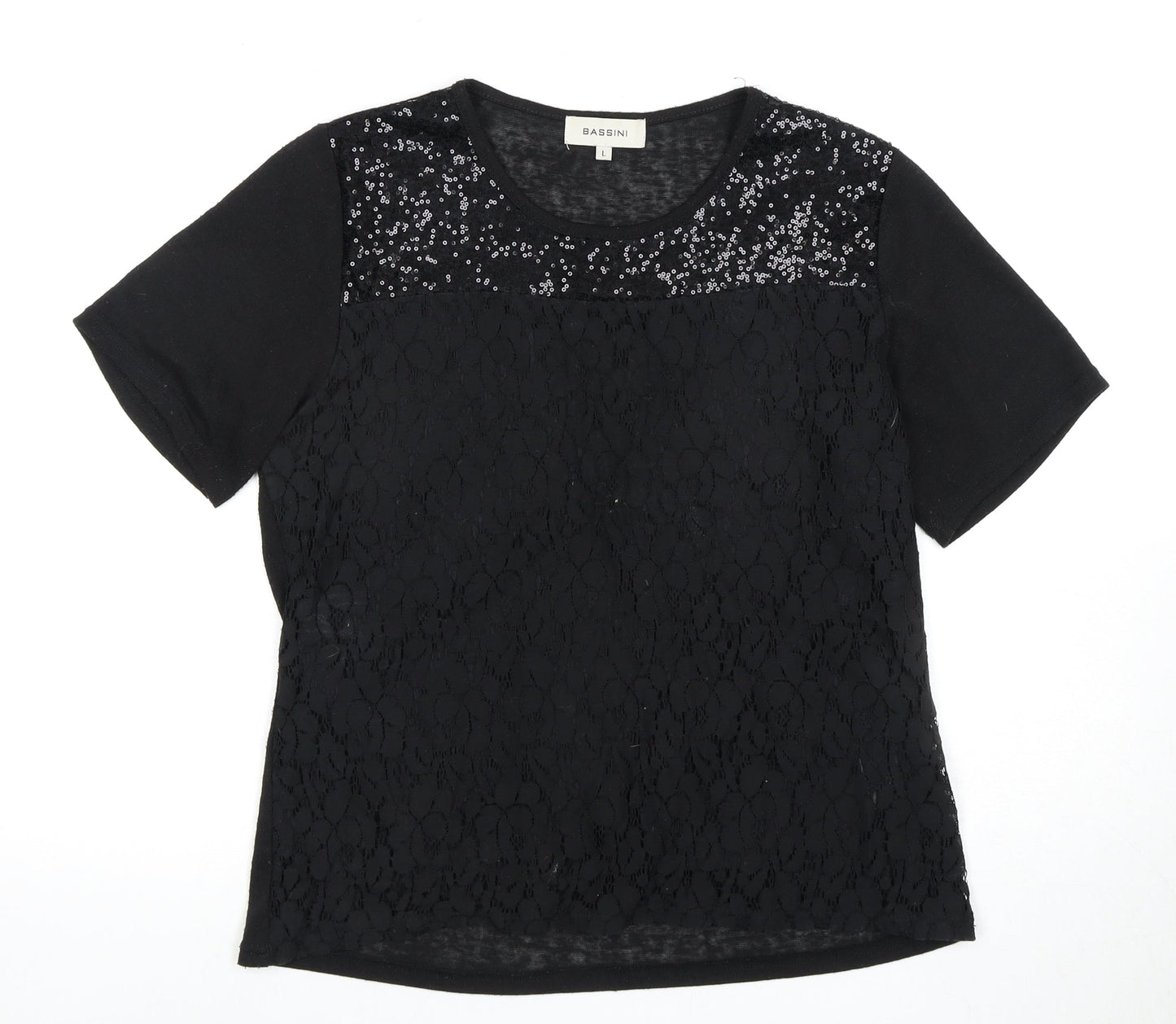 Womens UK Size L BASSINI Black Basic T-Shirt