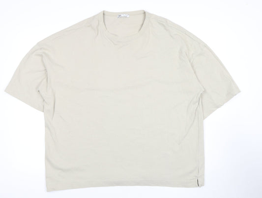 Zara Men's Beige XL Crew Neck T-Shirt, Relaxed Fit