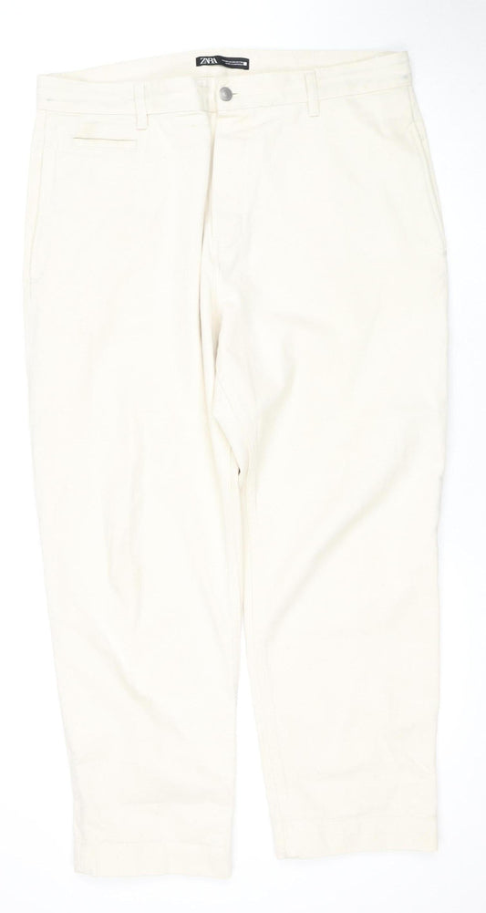 ZARA Men's Beige Denim Jeans, Size 34, Button Closure