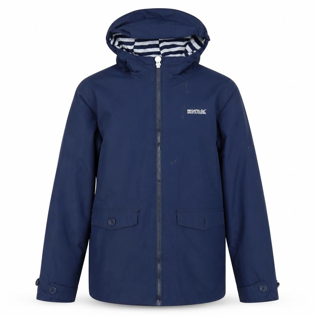 Front view of Regatta boys’ blue rain coat 2xl waterproof hooded jacket