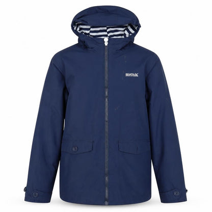 Front view of Regatta boys’ blue rain coat 2xl waterproof hooded jacket