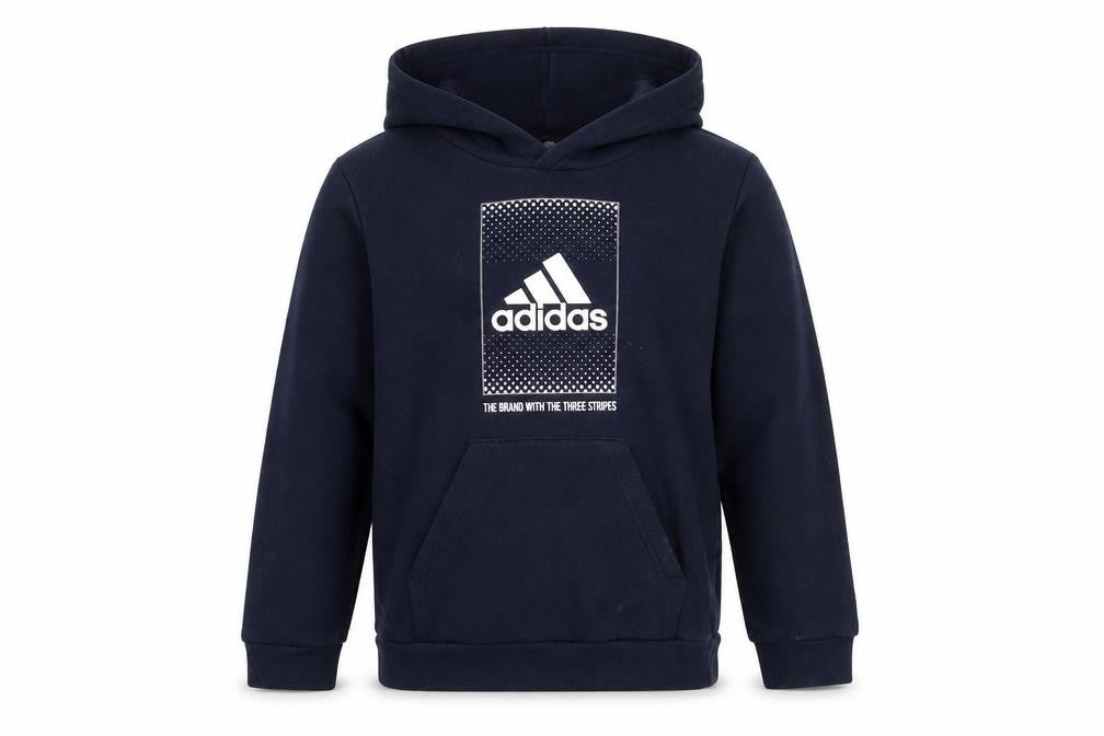 Front view of Adidas boys’ blue pullover hoodie 11-12 years with logo