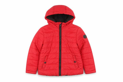 Front view of Michael Kors boys’ red puffer jacket -, size 7, hooded quilted coat