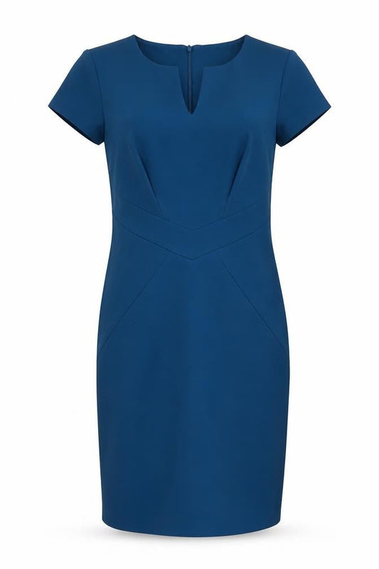 Front view of Roman Blue Sheath Dress, size 14, Women, V-Neck