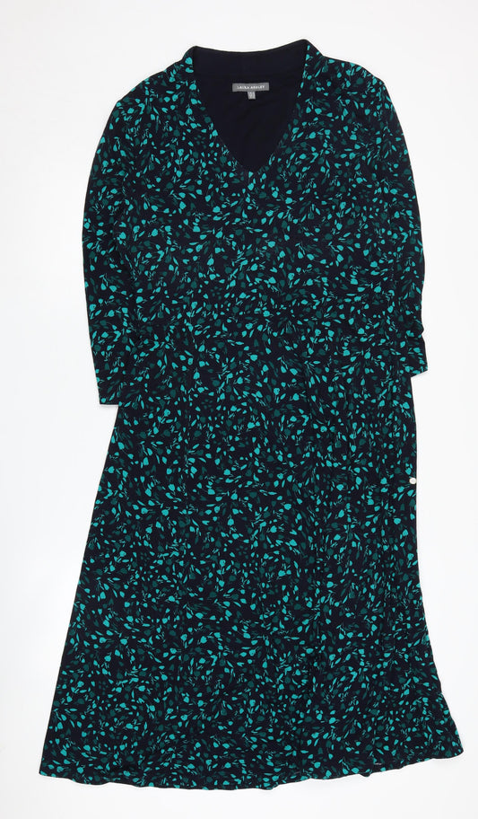 Laura Ashley Women's Black Green Floral V-Neck Dress UK 14