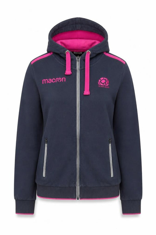 Front view of Macron unisex blue xl full zip hoodie with logo accents