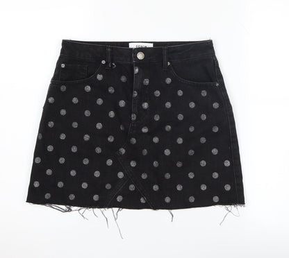 Miss Selfridge Black Polka Dot Mini Denim Skirt, Size 10