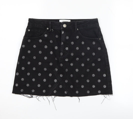 Miss Selfridge Black Polka Dot Mini Denim Skirt, Size 10