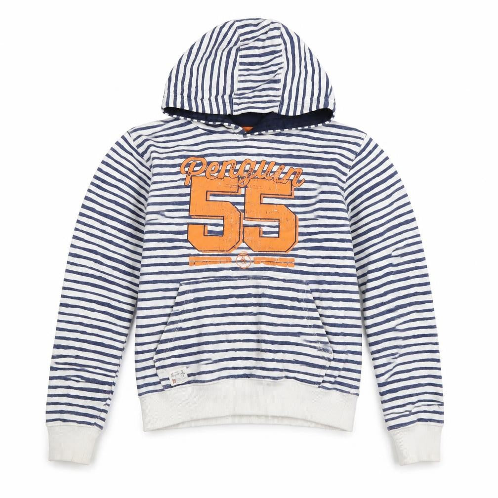 Front view of Original Penguin boys’ blue striped pullover hoodie, size 12-13y