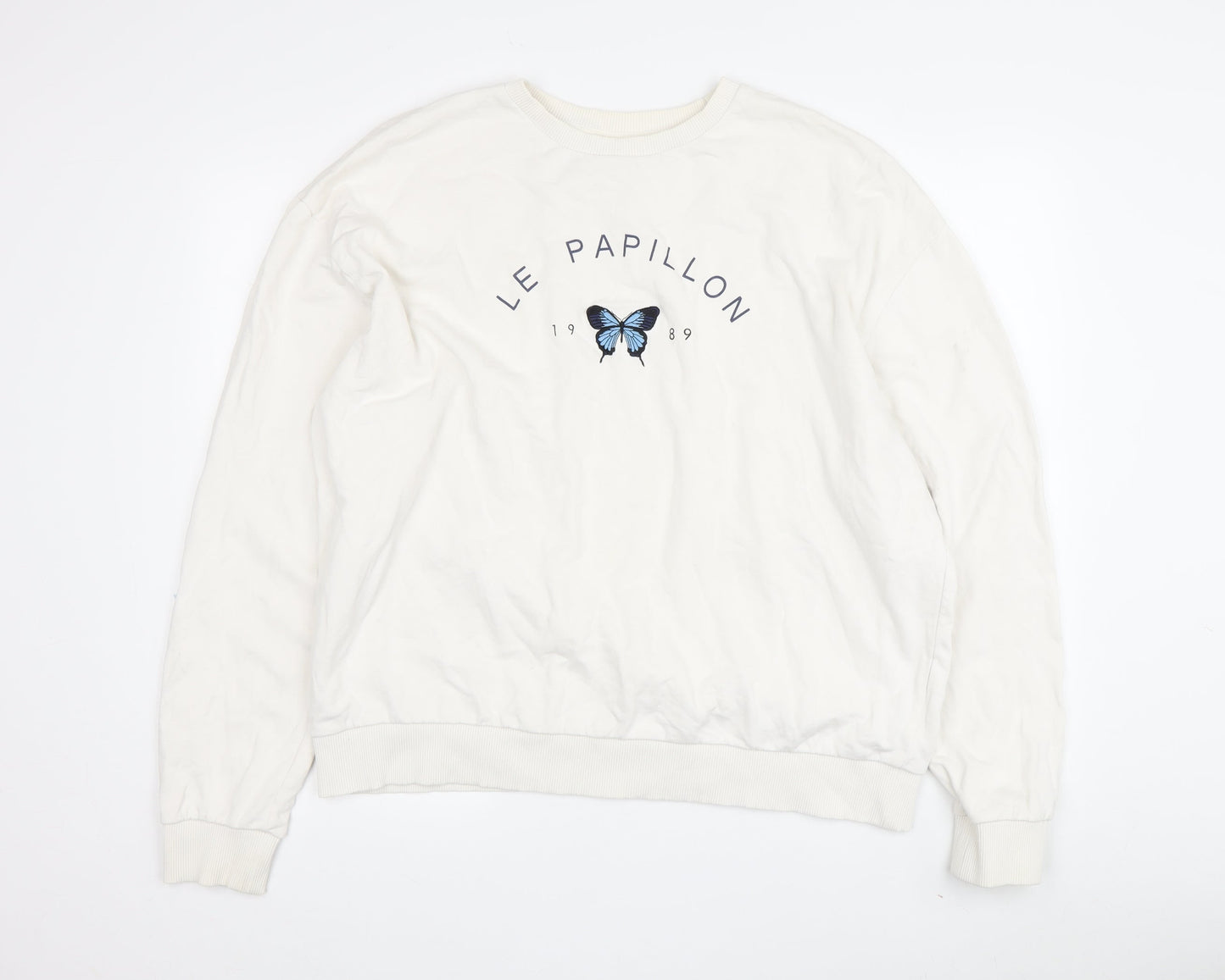 Topshop Women's White Pullover Sweatshirt, Size L, Butterfly Theme