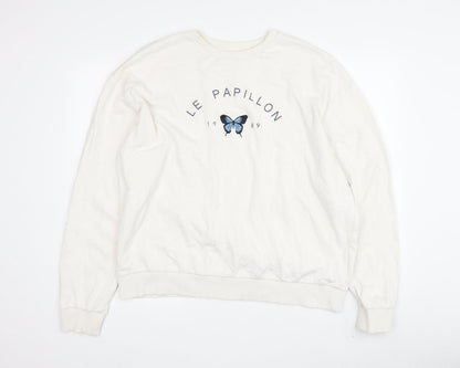 Topshop Women's White Pullover Sweatshirt, Size L, Butterfly Theme