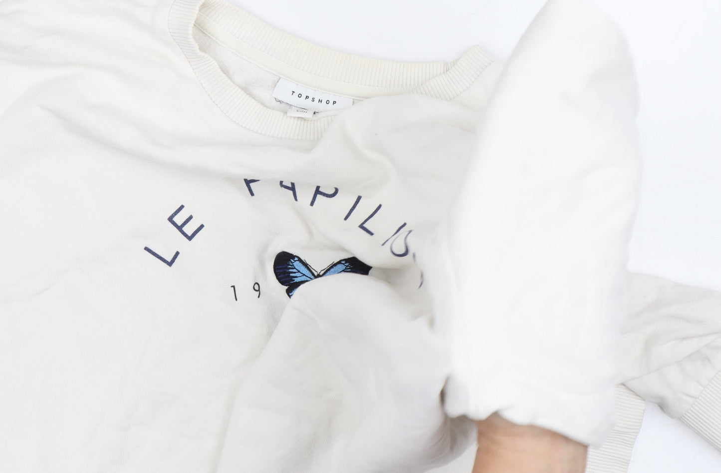 Topshop Women's White Pullover Sweatshirt, Size L, Butterfly Theme