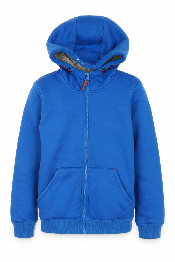 Front view of Mountain Warehouse boys’ blue hoodie 7-8 full zip lined