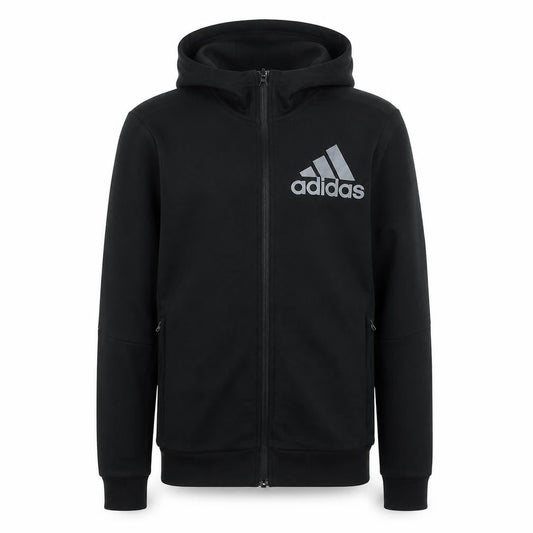 Front view of Adidas unisex black full zip hoodie, size S, regular fit