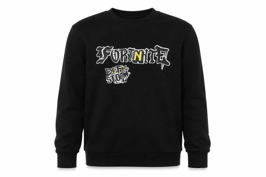 Front view of Fortnite boys’ black large graphic sweatshirt pullover