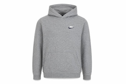 Front view of Nike boys’ grey hoodie xl pullover, jersey, logo accented