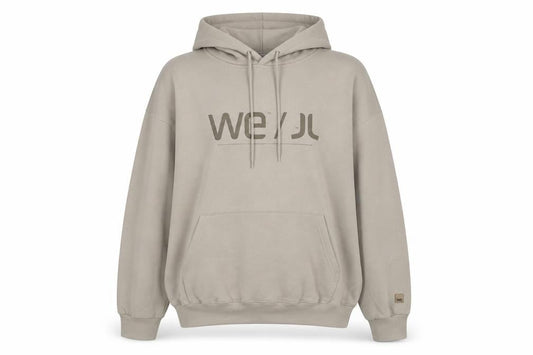 Front view of WE Beige unisex hoodie xl with logo design