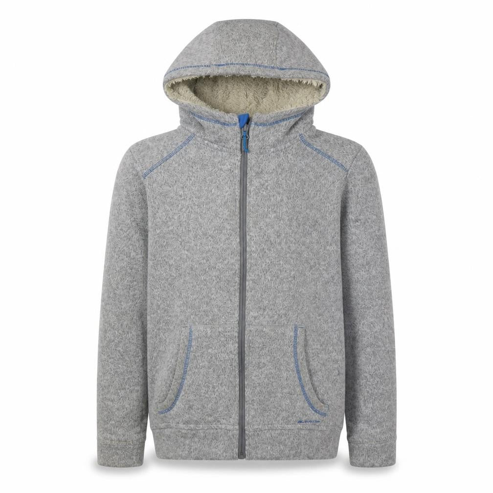 Front view of Decathlon boys’ grey full zip hoodie, size 14, winter warm