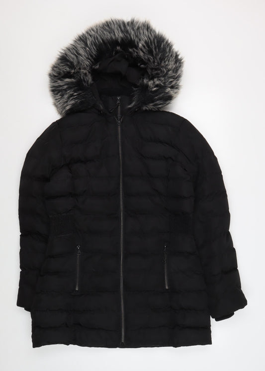 Kangol Women's Black Puffer Jacket Size 10 with Fur Hood