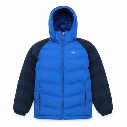Front view of Trespass boys’ blue puffer jacket 9-10y winter waterproof