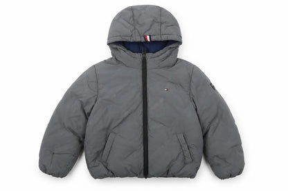 Front view of Tommy Hilfiger boys’ grey hooded puffer jacket, size 110