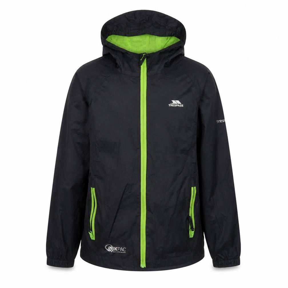 Front view of Trespass boys’ black windbreaker jacket, size 9-10