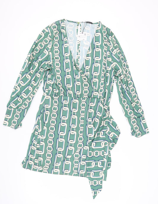 Zara Women's Green Wrap Dress, Size 16, Long Sleeve, Elegant