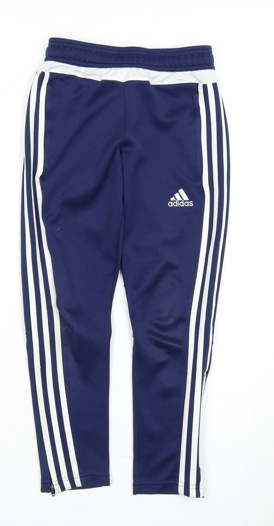 Additional front view of Adidas boys’ blue track pants 7-8 years with side stripes