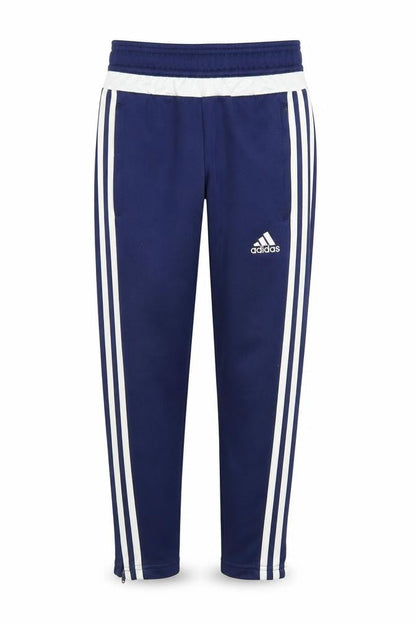 Front view of Adidas boys’ blue track pants 7-8 years with side stripes