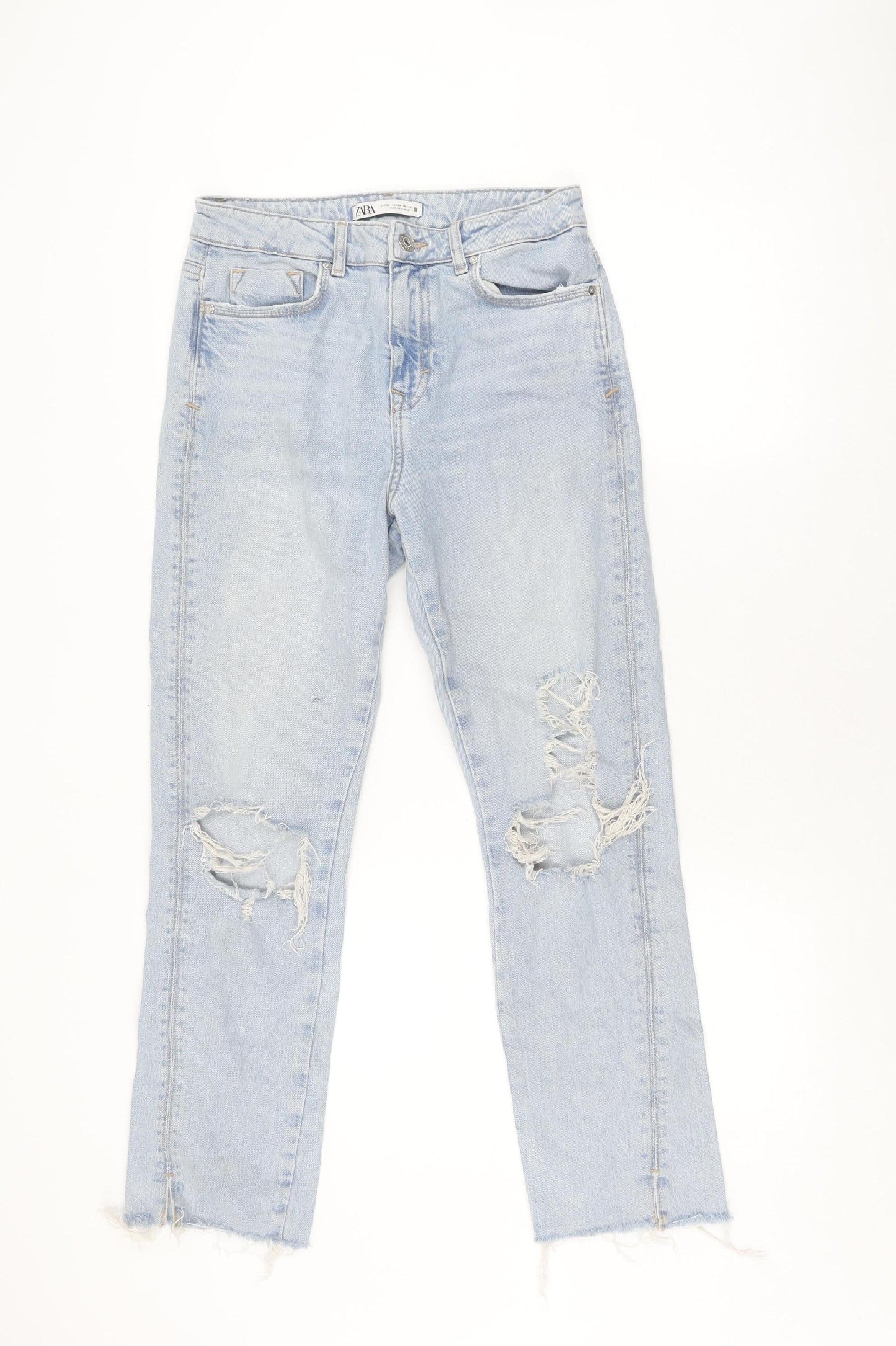 Zara Women's Blue Straight Jeans Size 8, Distressed