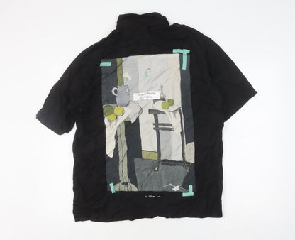 Peacebird Men's Black Graphic Print Short Sleeve Shirt L