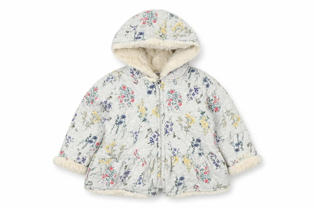 Front view of Next unisex floral puffer jacket 12-18m multicoloured hooded coat