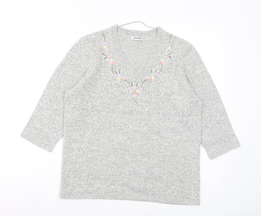 Damart Women's Grey Pullover Jumper M V-Neck 3/4 Sleeve