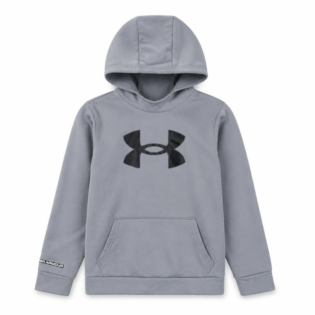 Front view of Under Armour unisex kids grey hoodie m pullover