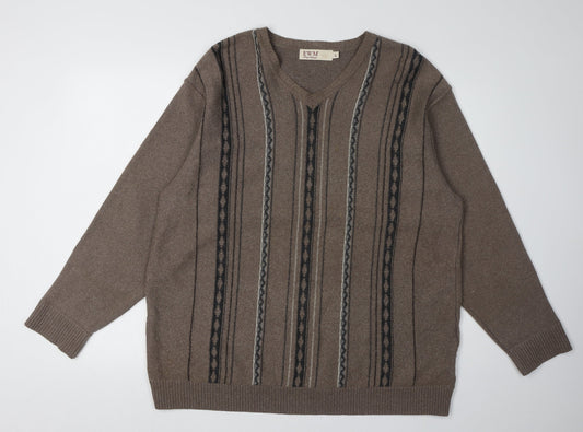 EWM Men's Brown Striped V-Neck Pullover Jumper L