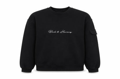 Front view of Beck & Hersey unisex black sweatshirt, size 6