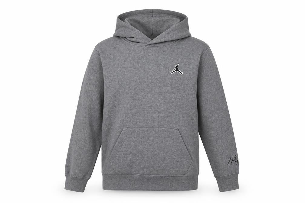 Front view of Jordan boys’ grey hoodie, logo, pullover, l