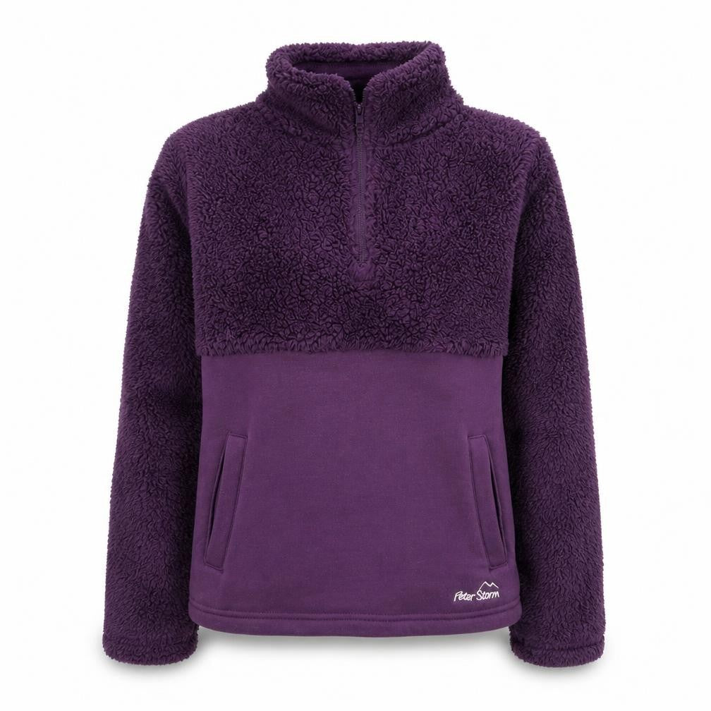 Front view of Peter Storm girls’ purple fleece pullover sweatshirt 7-8 years