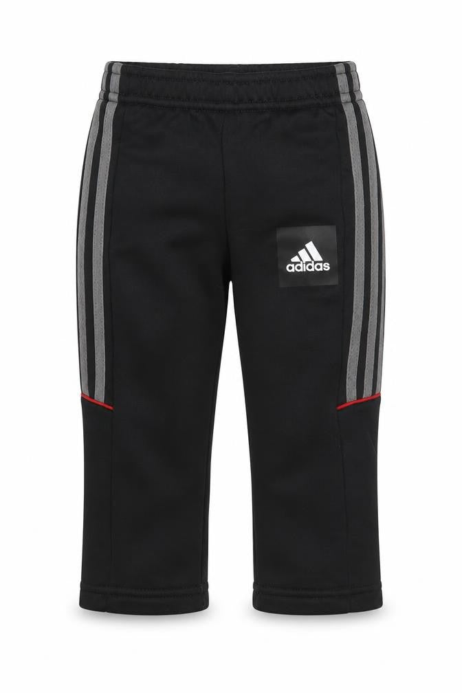 Front view of Adidas unisex black track pants 12-18m for activewear