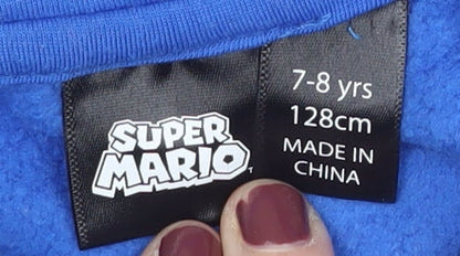 Super Mario Boys Blue Pullover Hoodie 7-8 Years Graphic Print