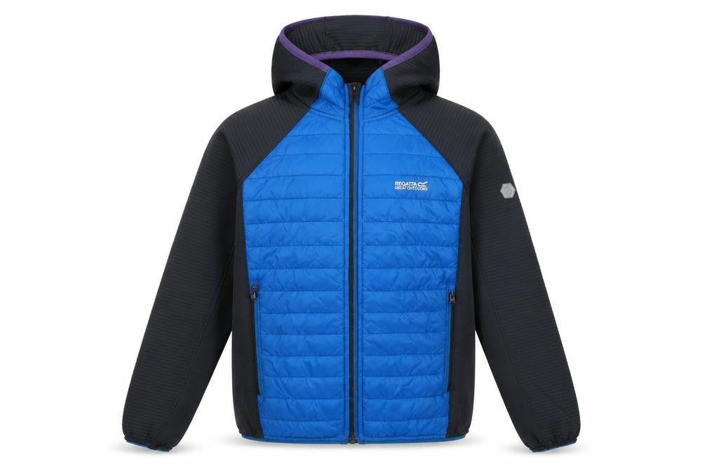 Front view of Regatta boys’ blue black hooded jacket 9-10 years