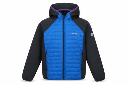 Front view of Regatta boys’ blue black hooded jacket 9-10 years