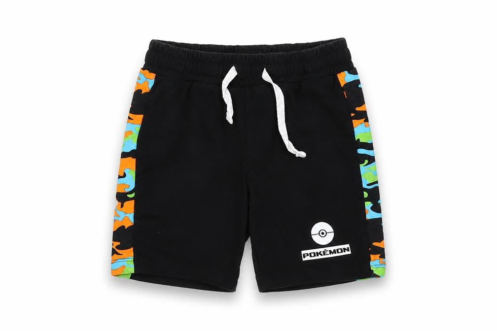 Front view of Next Pokémon boys’ black sweat shorts, size 140, camouflage